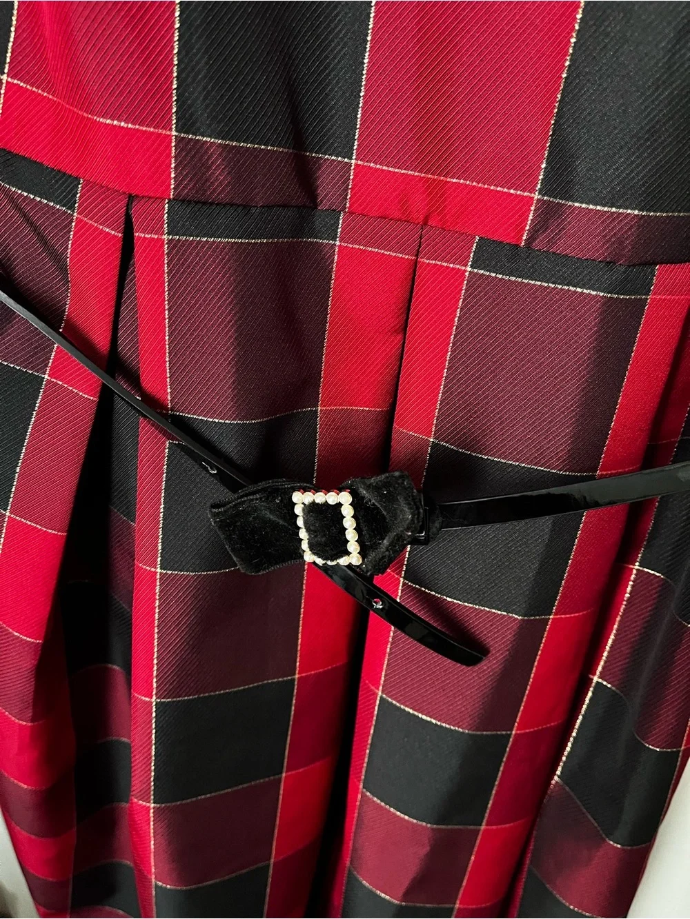 The Children's Place Red & Black Gold Plaid Christmas Belted Dress Size S / P